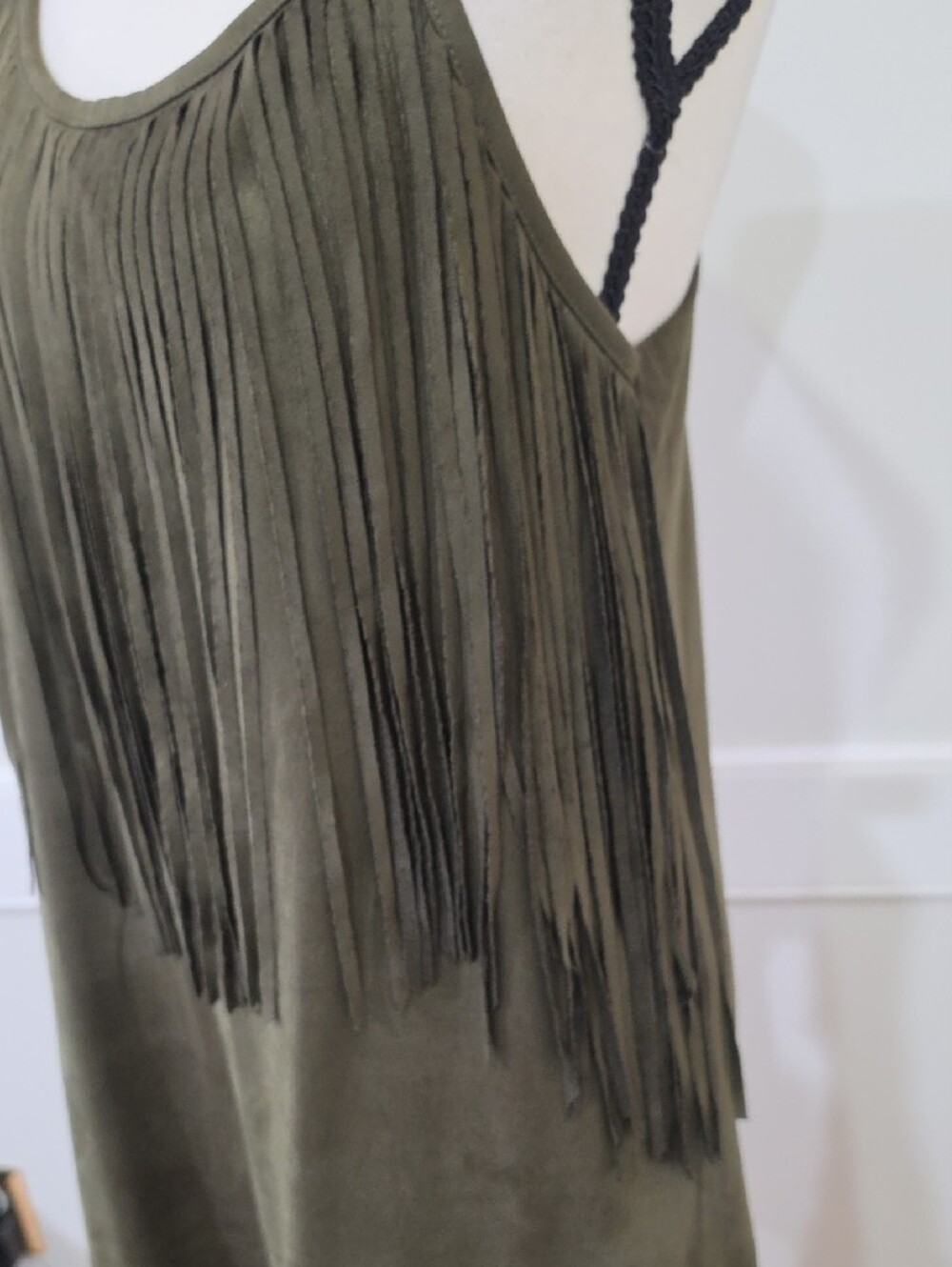 YA Los Angeles Olive Green Faux Suede Fringe Mini Dress - Size Small - Picture 5 of 13